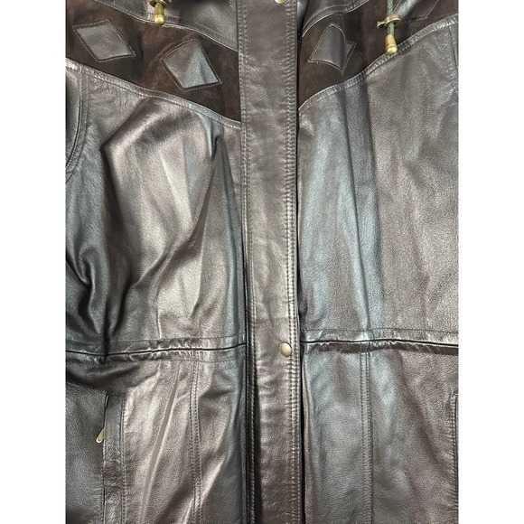 Liz Phillips Womens Leather Faux Fur Trim Hooded Full Zip Coat Jacket Large - Picture 3 of 8